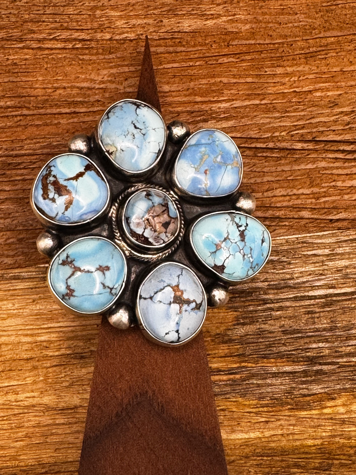 Cluster Ring - Golden Hills Turquoise - Sterling Silver  - Native Handmade - Bob Becenti (artist) - Size Adjustable