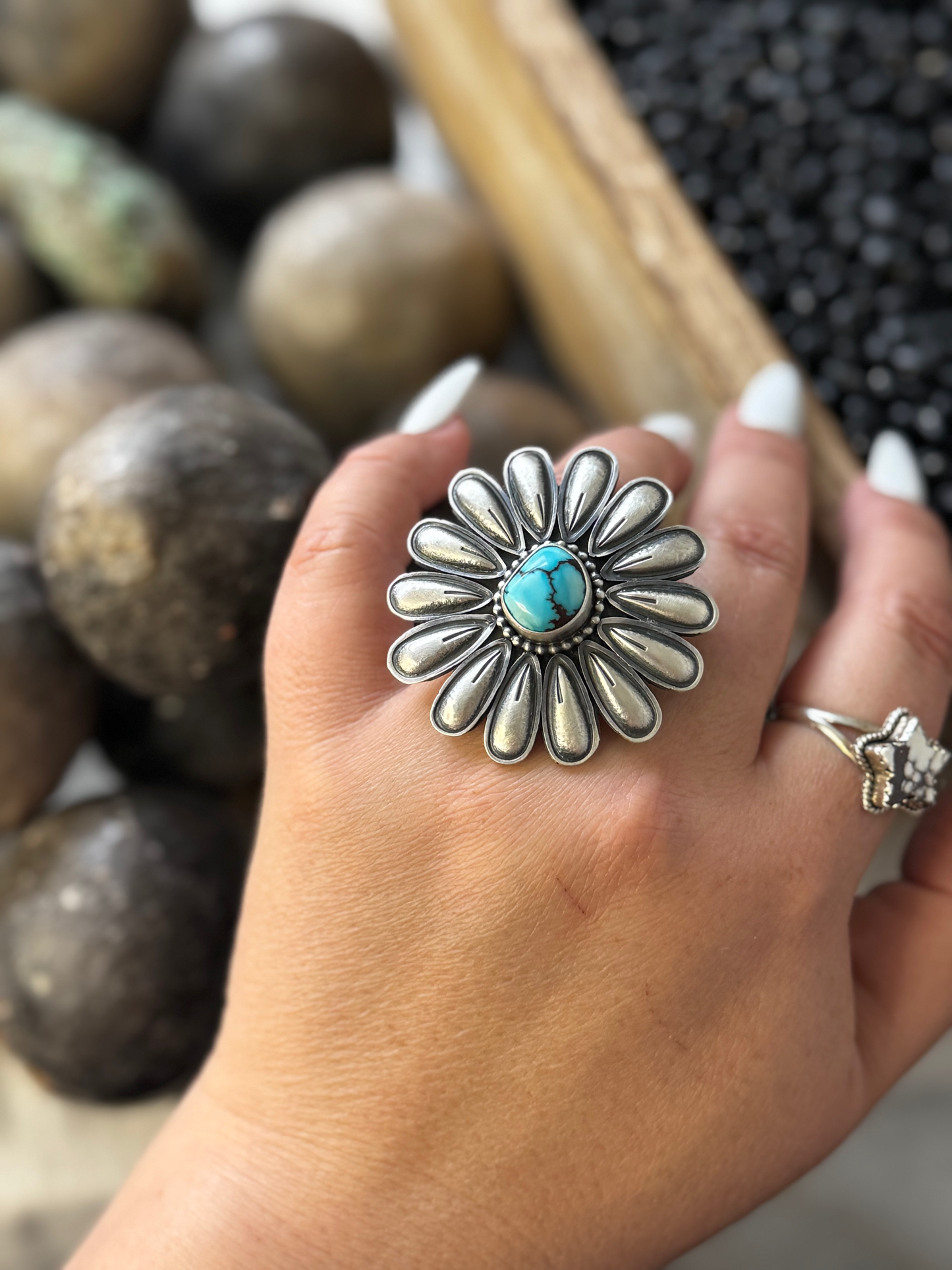 Daisy Shaped Ring - Golden Hills Turquoise - Sterling Silver - Native Handmade - Benally (artist) - Size 10