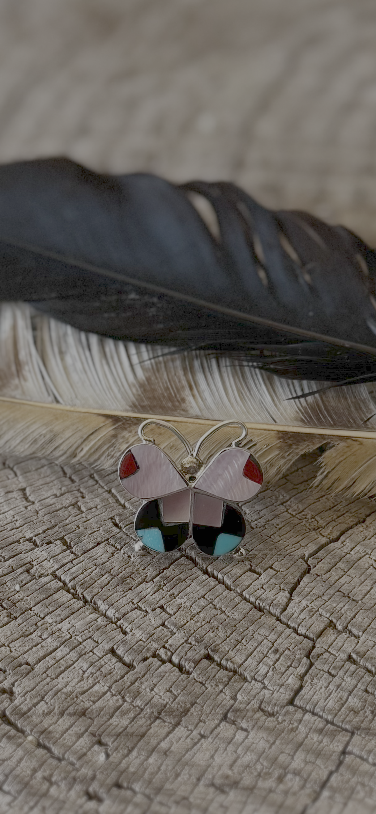 Butterfly Ring - Multi Stone Inlay - Sterling Silver - Native Handmade - Allison Dishta (artist) - Size 7.5