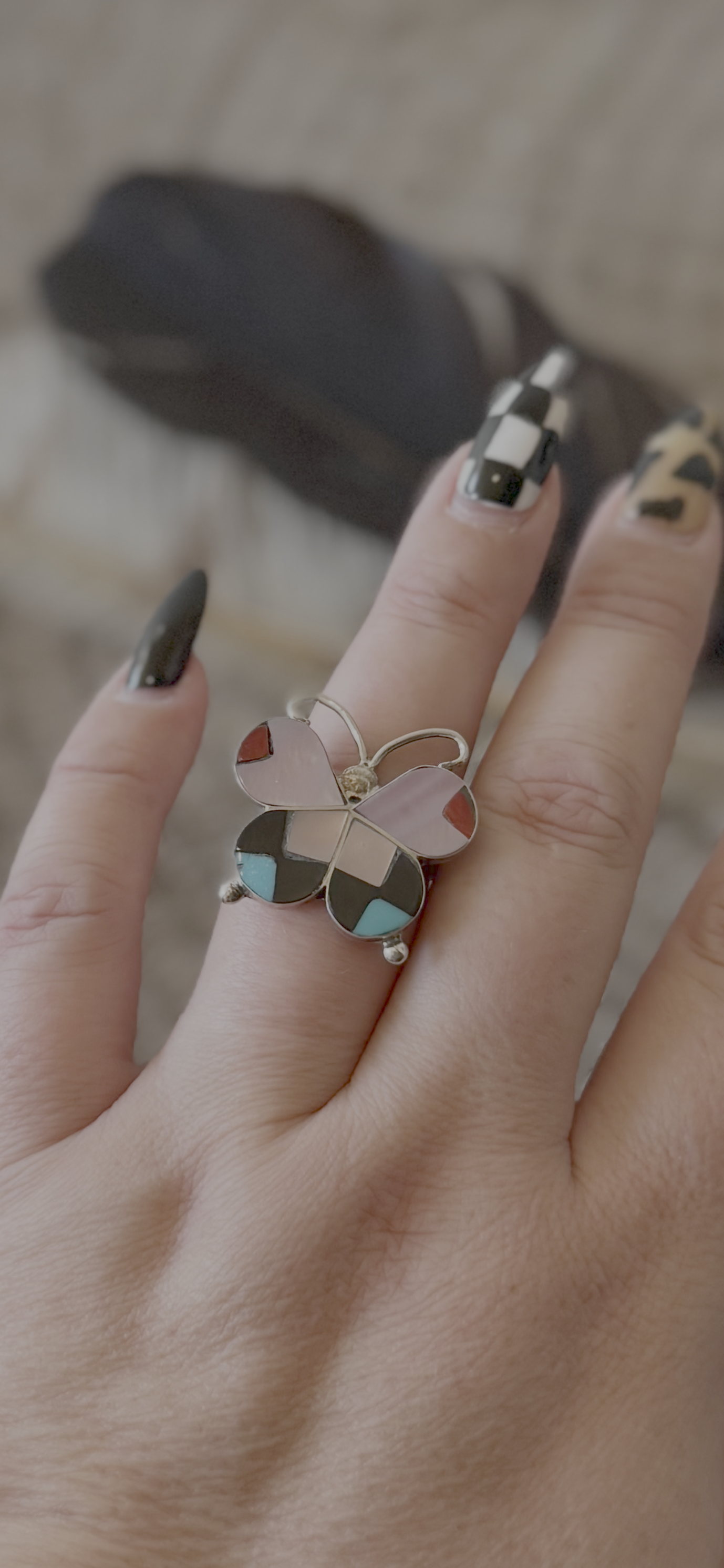 Butterfly Ring - Multi Stone Inlay - Sterling Silver - Native Handmade - Allison Dishta (artist) - Size 7.5