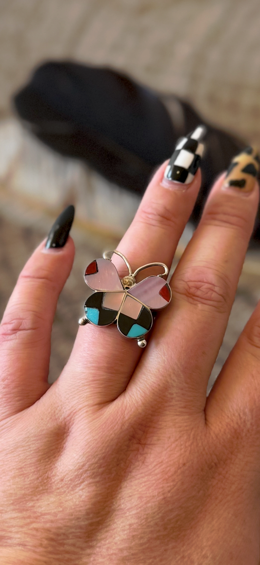 Butterfly Ring - Multi Stone Inlay - Sterling Silver - Native Handmade - Allison Dishta (artist) - Size 7.5