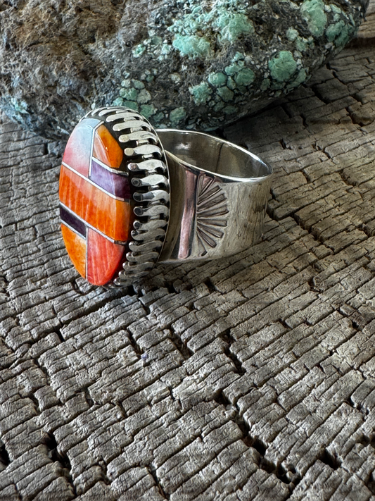 Oval Ring - Inlay with Orange Spiny Oyster - Sterling Silver - Navajo Handmade - LK (artist) - Size Adjustable