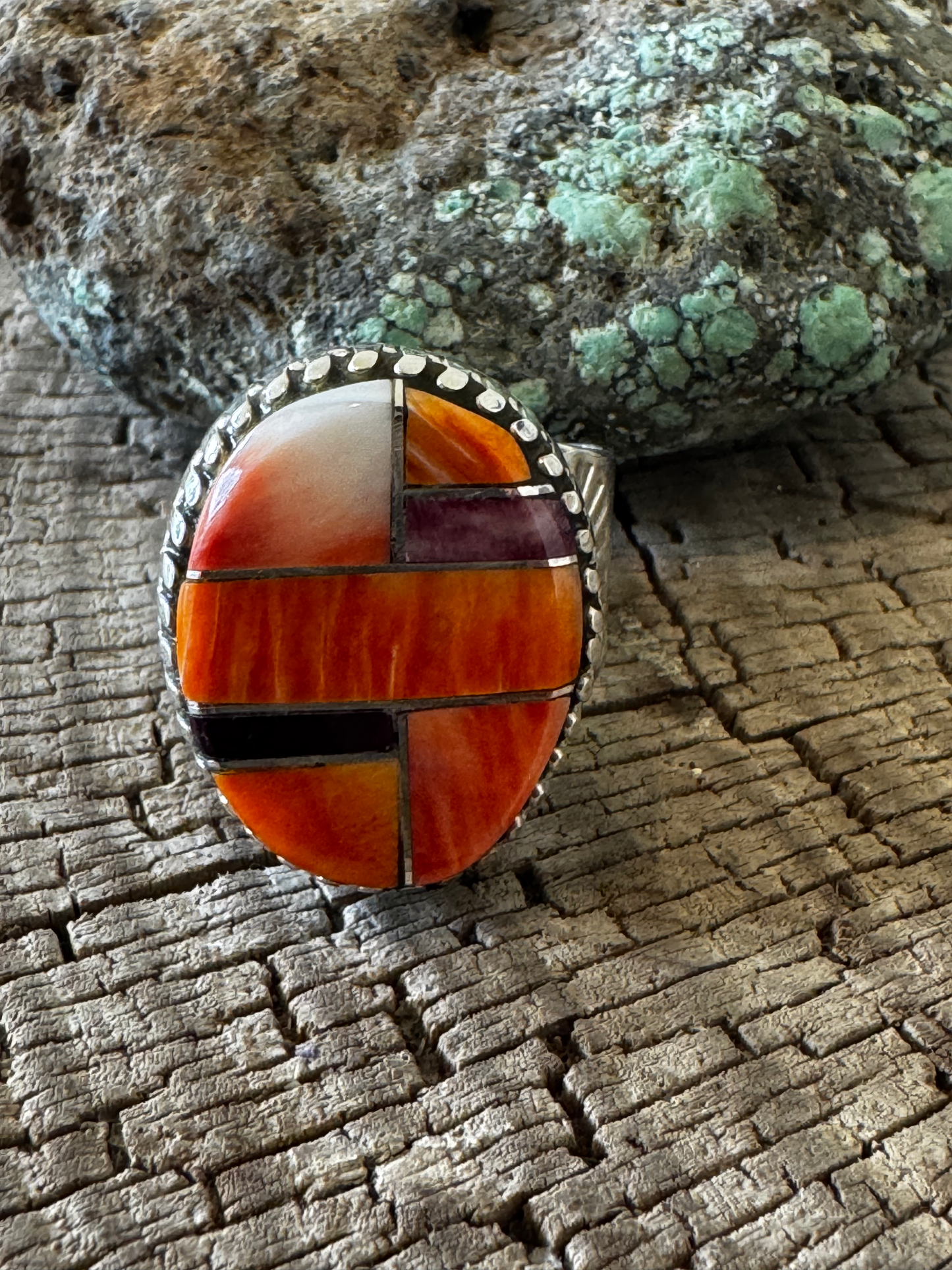 Oval Ring - Inlay with Orange Spiny Oyster - Sterling Silver - Navajo Handmade - LK (artist) - Size Adjustable