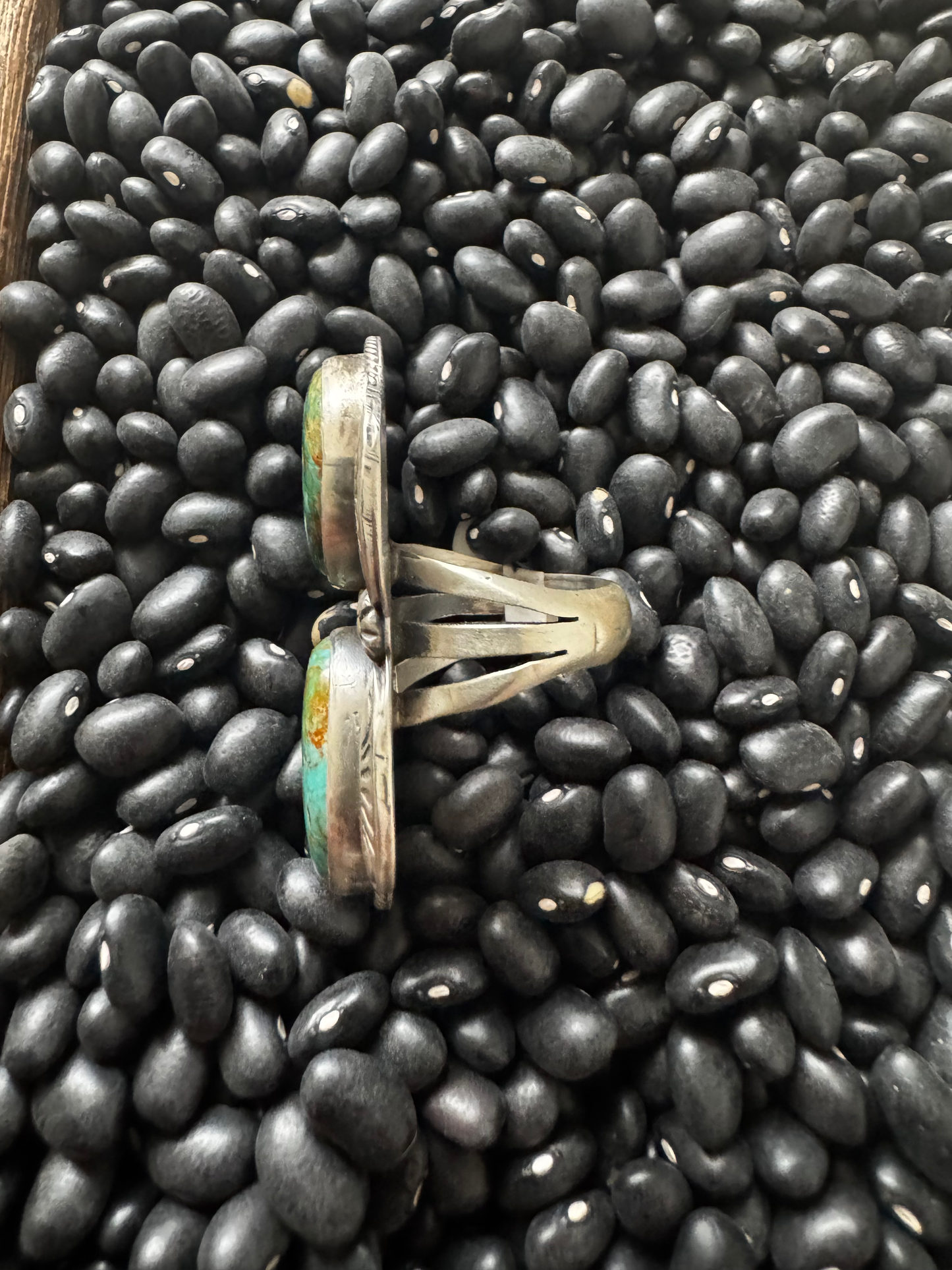 Two Stone Ring - King Manassa Turquoise - Sterling Silver - Native Handmade - Tom Loy (artist) - Size 8.5