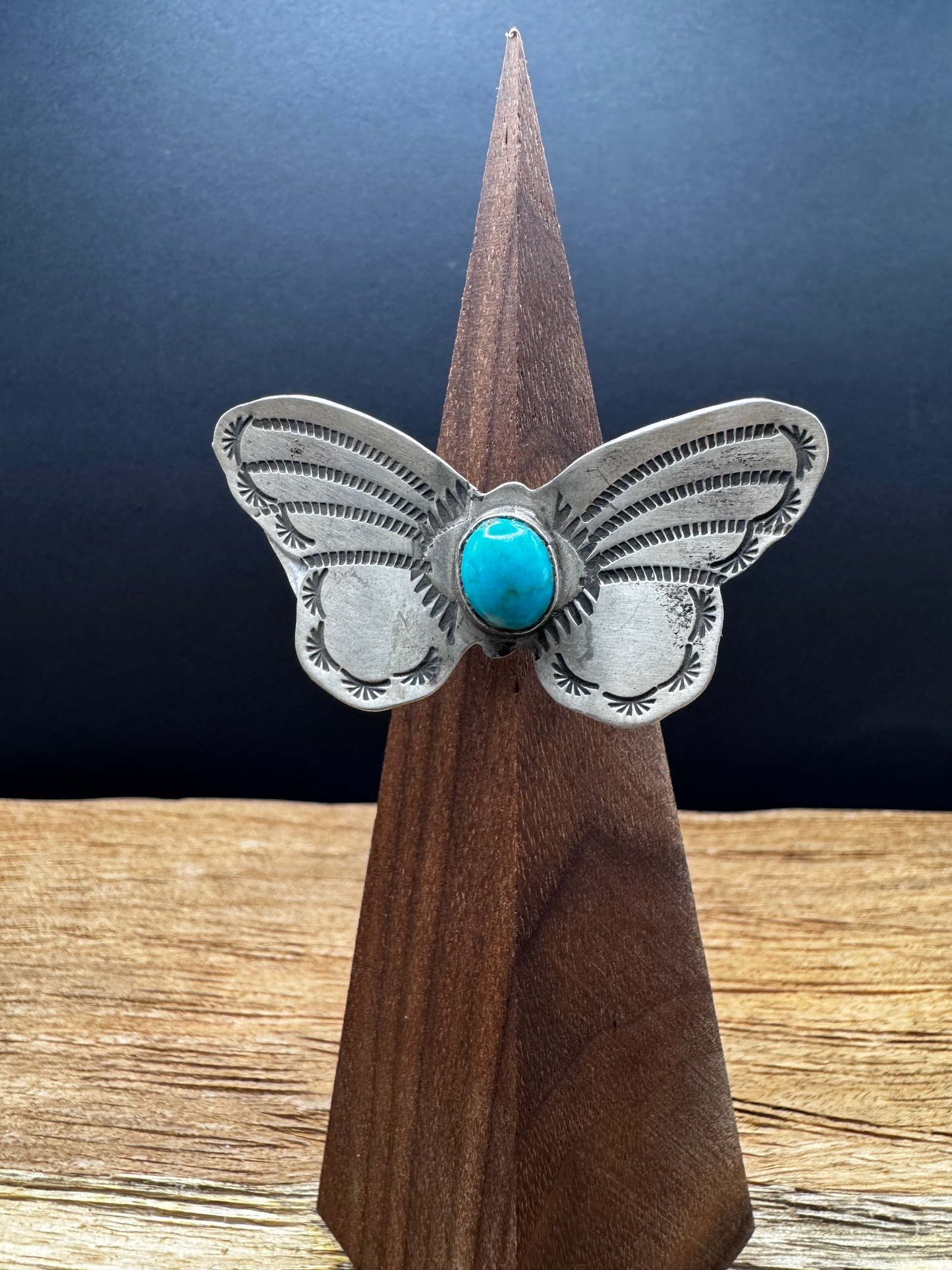 Butterfly Ring with Kingman Turquoise - Navajo Handmade - Rick Enriquez - Size 13