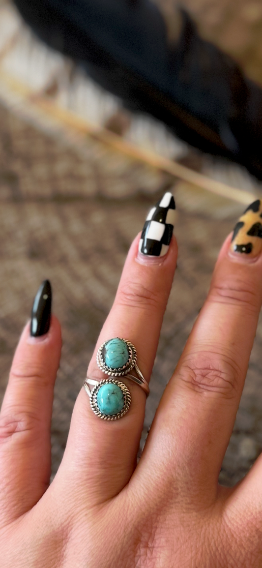 Dual Stone Ring - Kingman Turquoise - Sterling Silver - Native Handmade - Esther White (artist) - Size Adjustable