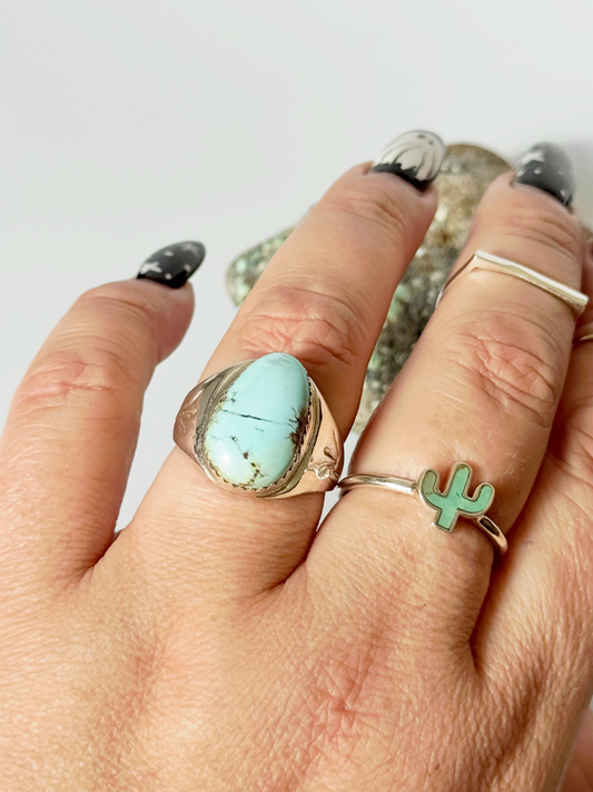 Kingman Turquoise Signet Ring - Sterling Silver - Native Handmade - Annie Lincoln (artist) - Size 9.75