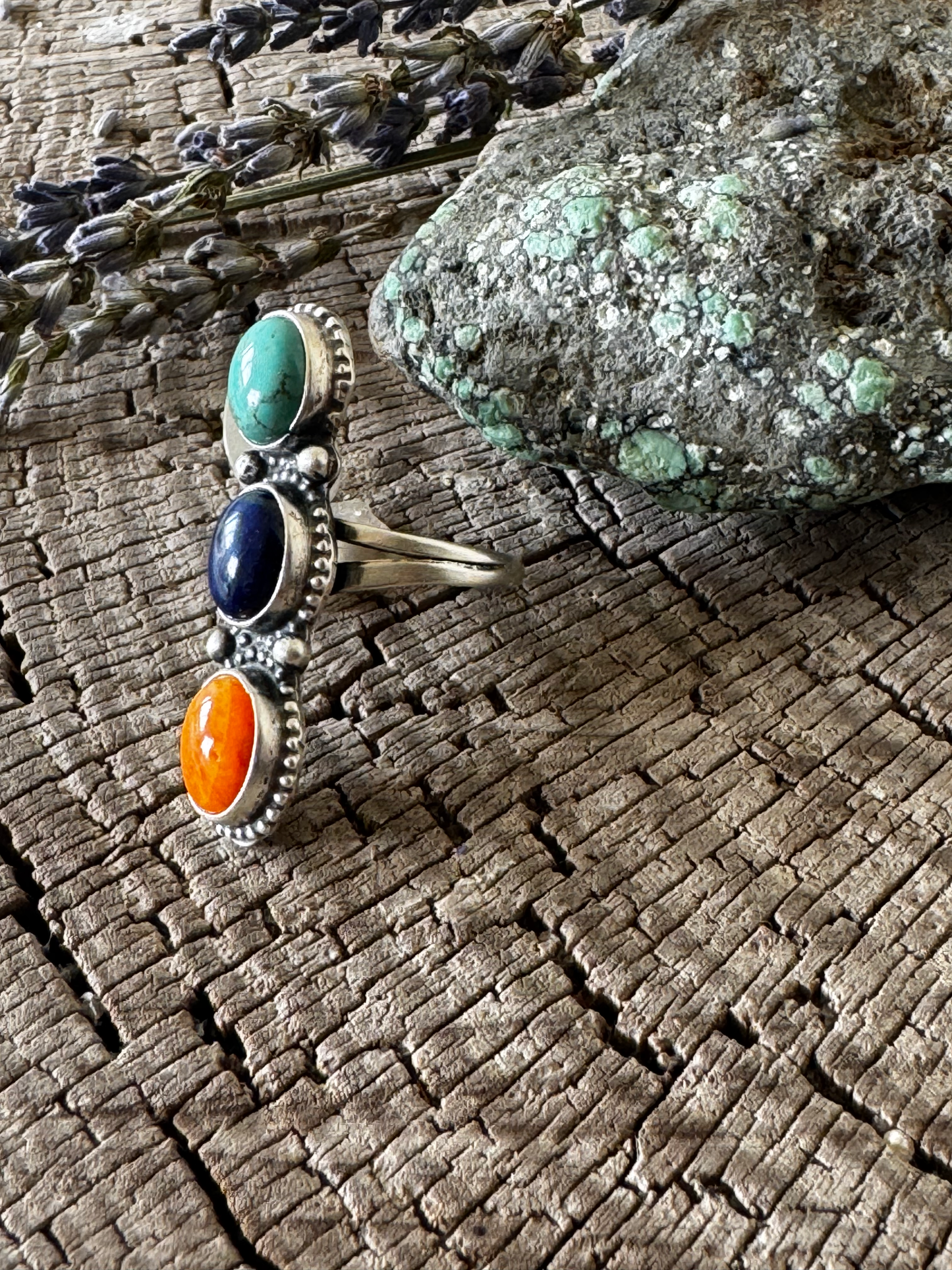 3 Stone Ring - Multi Stone - Sterling Silver - Native Handmade - B (artist) - Size 8.5