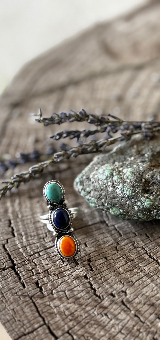 3 Stone Ring - Multi Stone - Sterling Silver - Native Handmade - B (artist) - Size 8.5