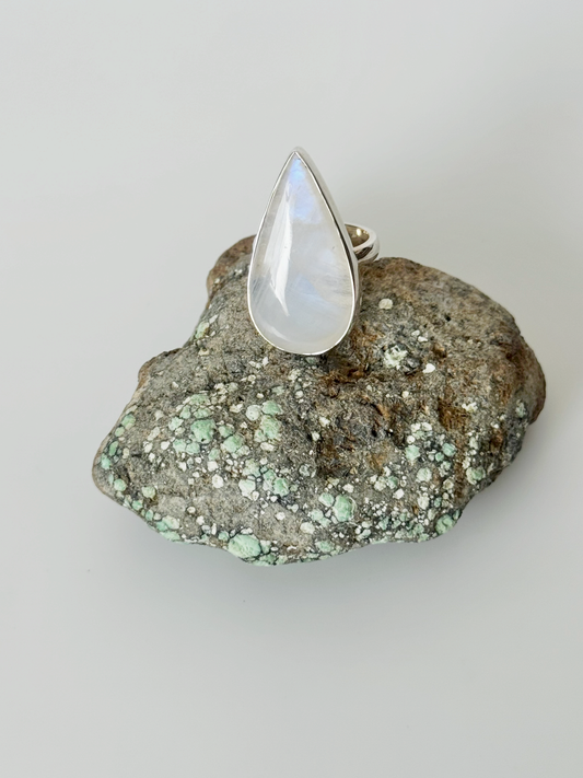 Moonstone Teardrop Ring - Sterling Silver - Size 7.5