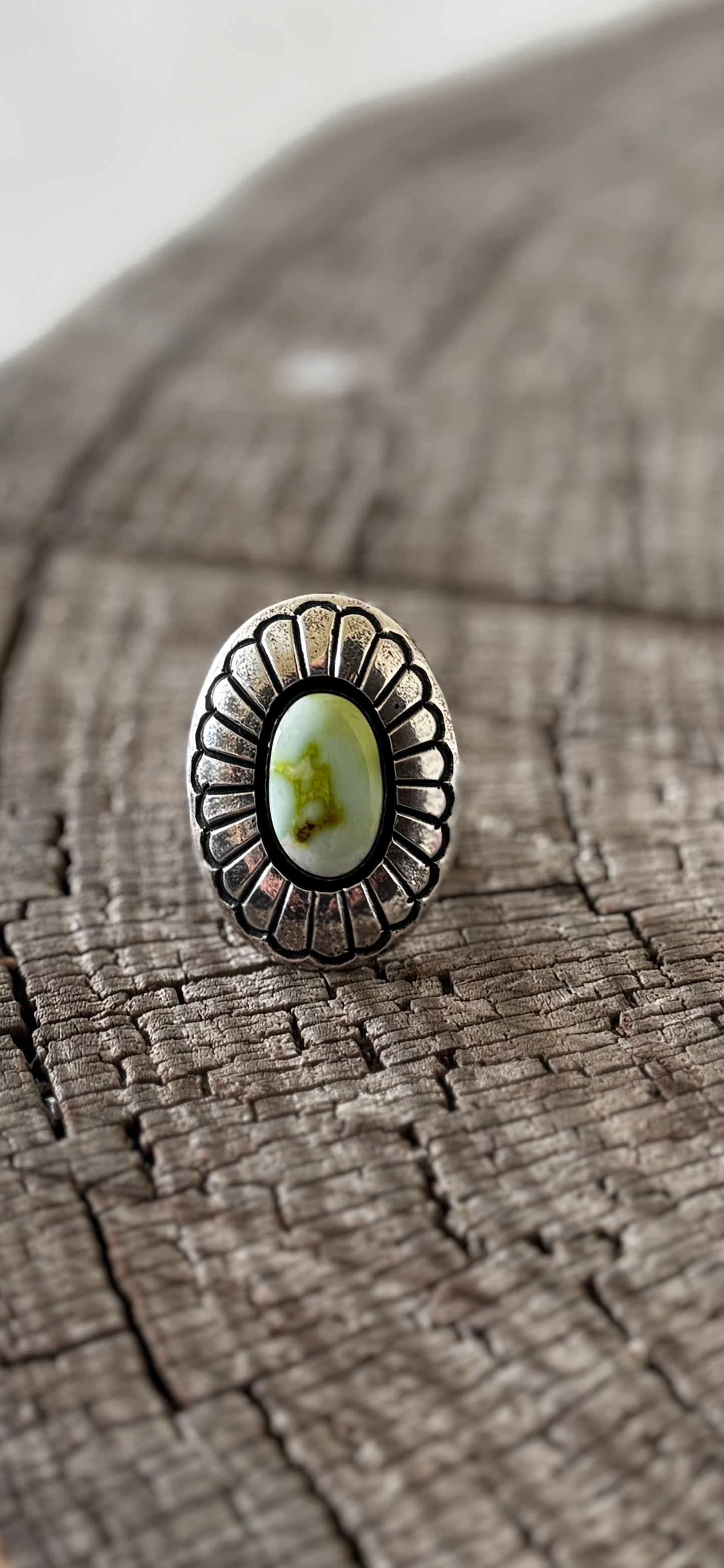 Oval Concho Ring - Palomino Turquoise - Sterling Silver - Native Handmade - B. Haley (artist) - Size 10