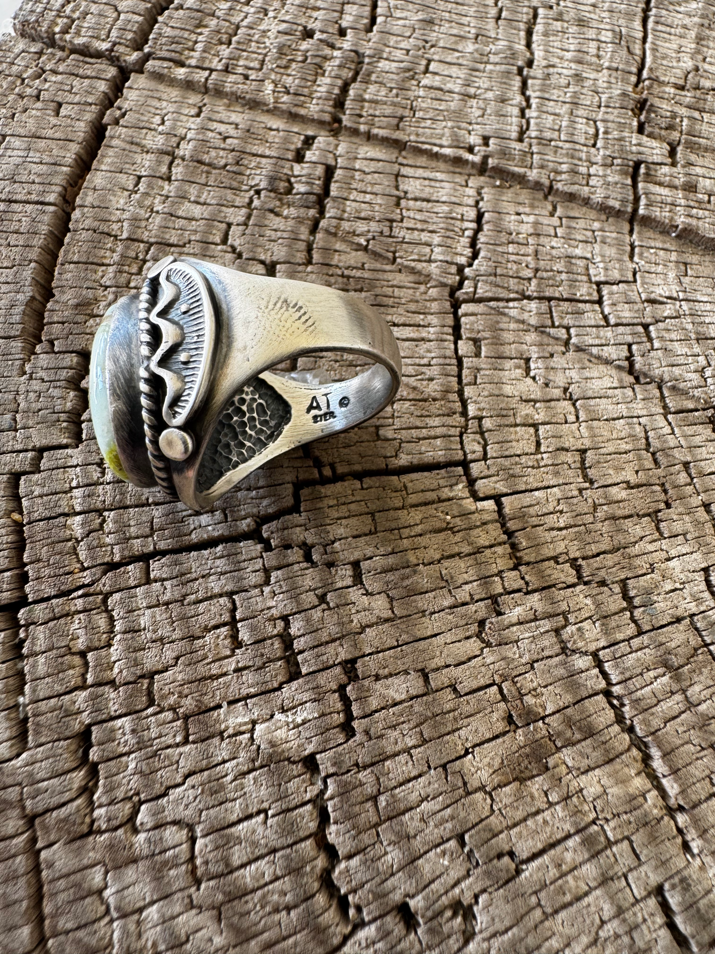 Palomino Turquoise Ring - Sterling Silver - Native Handmade - AT (artist) - Size 10.5