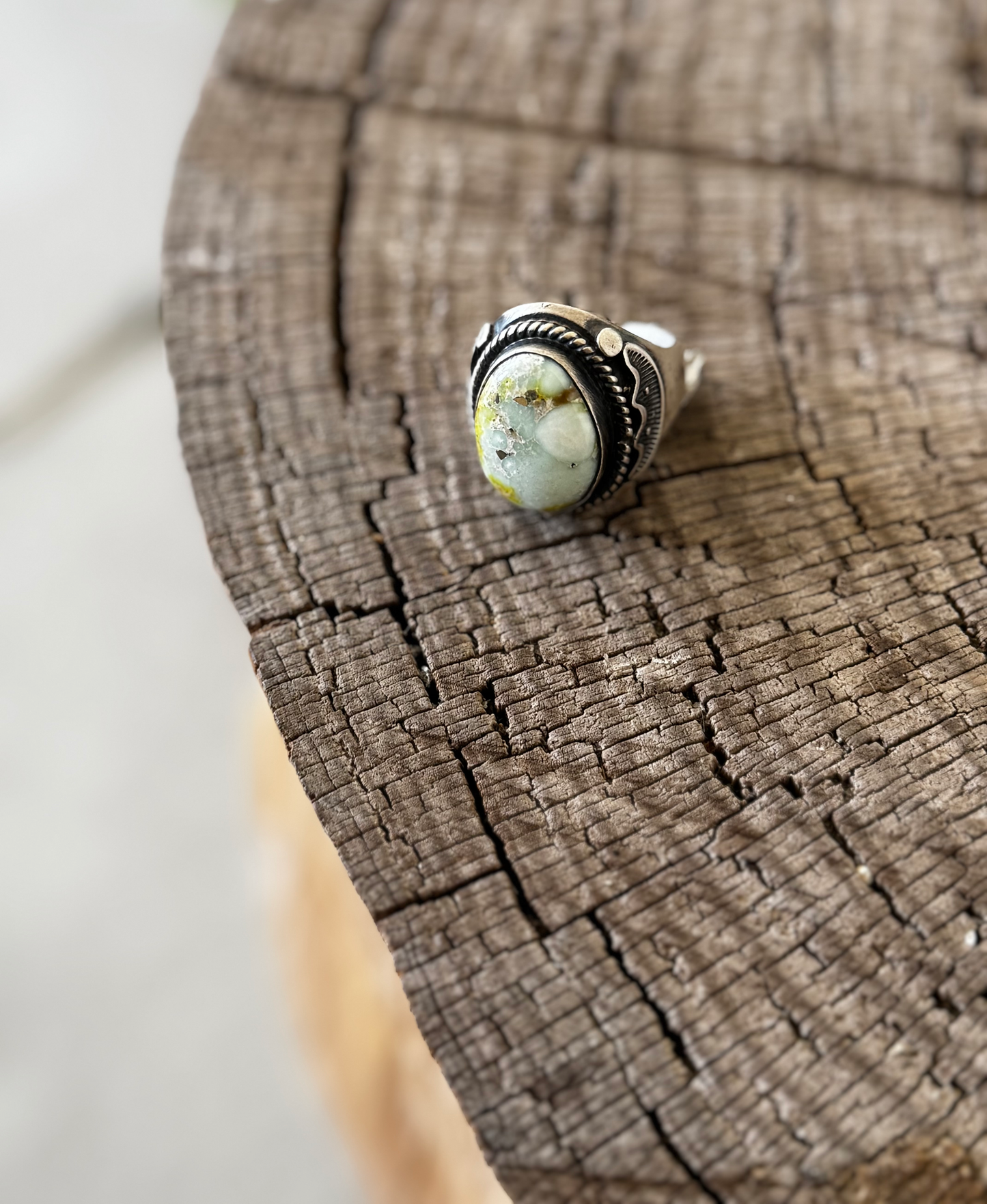 Palomino Turquoise Ring - Sterling Silver - Native Handmade - AT (artist) - Size 10.5