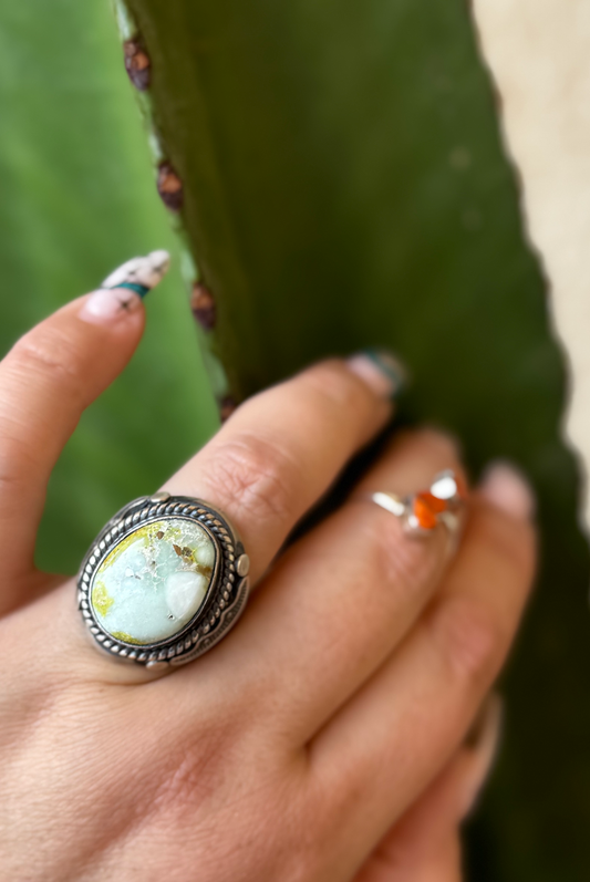 Palomino Turquoise Ring - Sterling Silver - Native Handmade - AT (artist) - Size 10.5