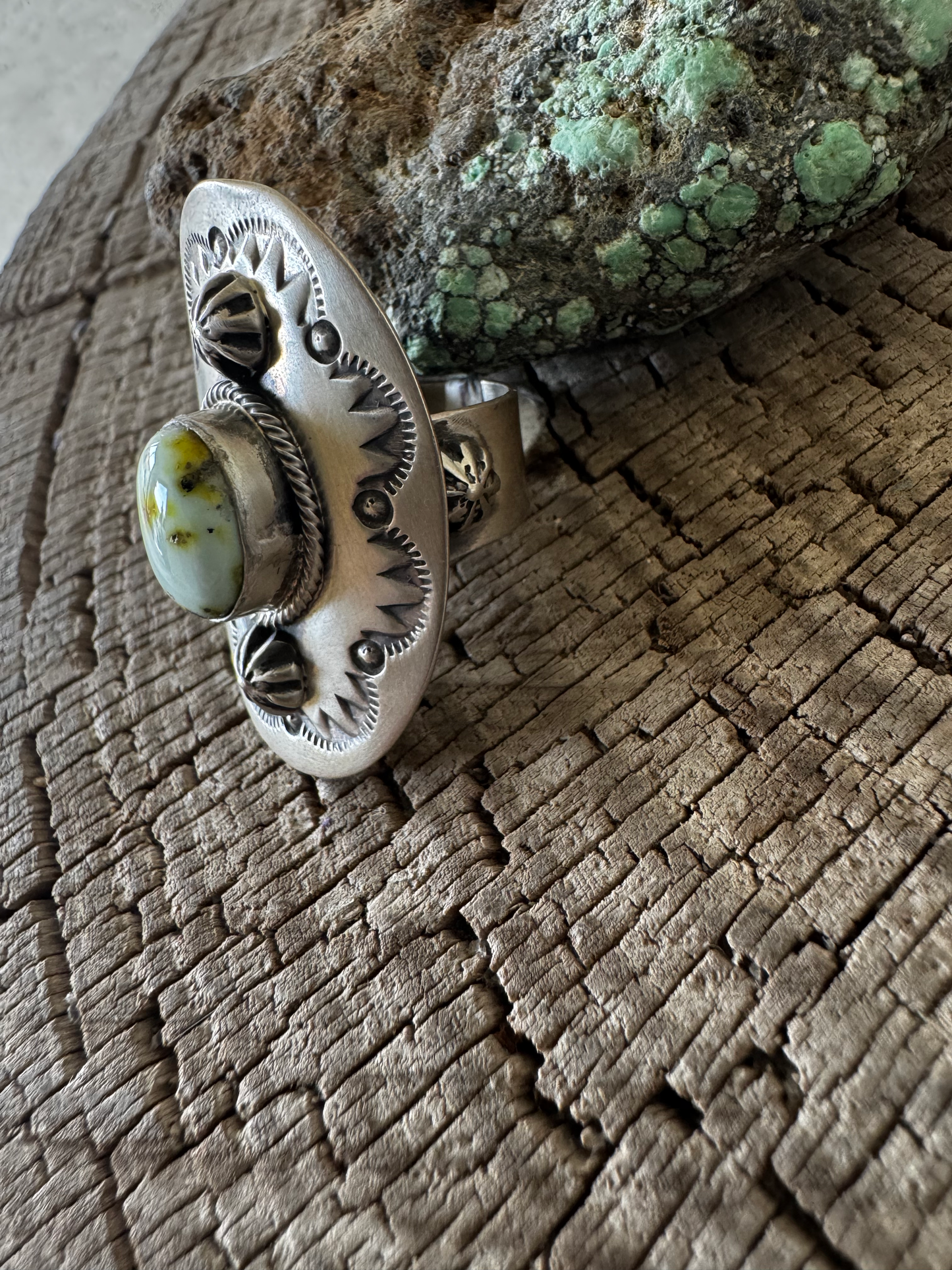 Oval Shield Ring - Palomino Turquoise - Sterling Silver - Native Handmade - Bob Becenti (artist) - Size Adjustable