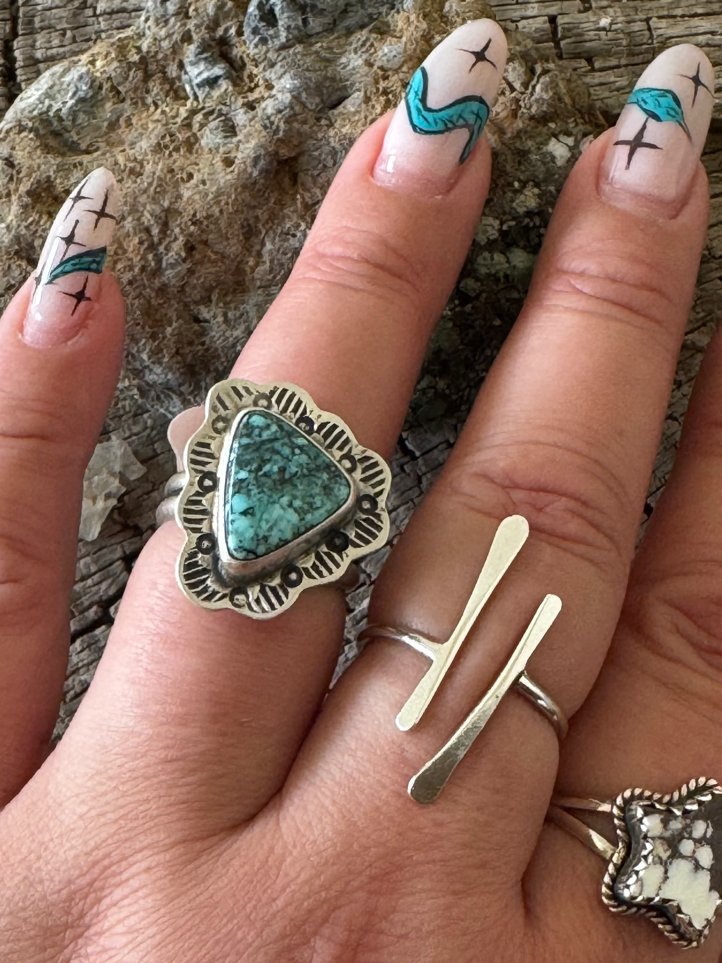 Triangular Ruffle Ring - Prince Turquoise - Sterling Silver - Native Handmade - Arrow Symbol (artist) - Size Adjustable