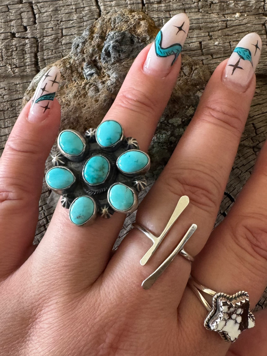 Cluster Turquoise Ring - Sterling Silver - Native Handmade - Kathleen Livingston (artist) - Size 8