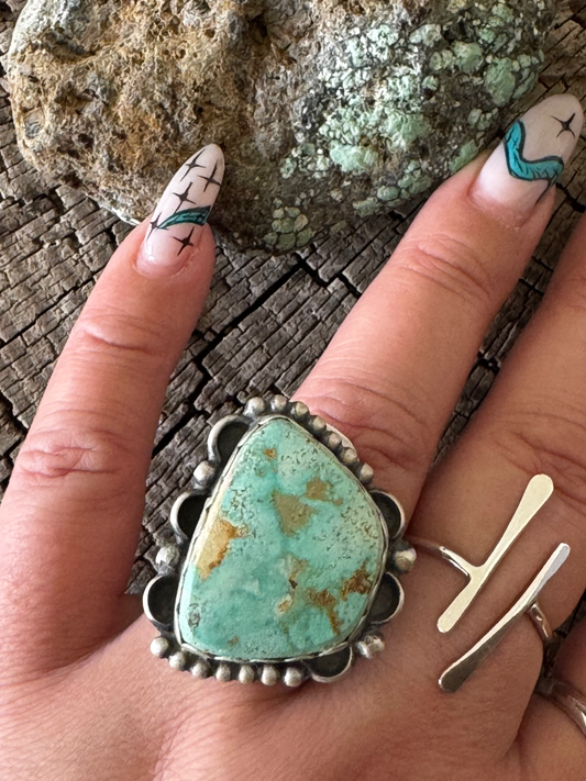 Trapezoid Shape Ring - Royston Turquoise - Sterling Silver - Native Handmade - M (artist) - Size Adjustable