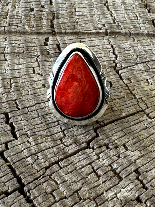Tear Drop Ring - Spiny Oyster Orange - Sterling Silver - Native Handmade - AM (artist) - Size 8.5