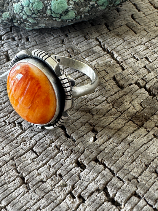 Round Ring - Orange Spiny Oyster - Sterling Silver - Native Handmade - JG (artist) - Size Adjustable