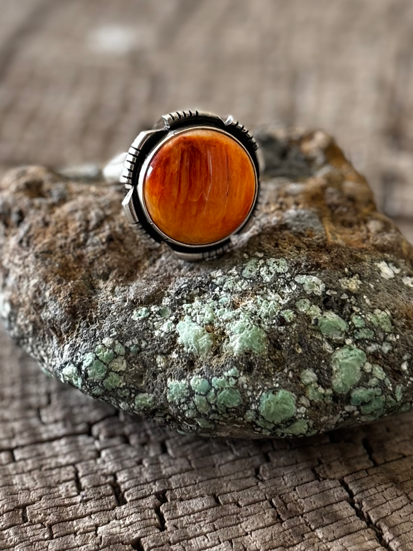 Round Ring - Orange Spiny Oyster - Sterling Silver - Native Handmade - JG (artist) - Size Adjustable