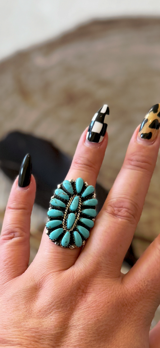 Cluster Ring - Turquoise - Sterling Silver - Native Handmade - Juliana William (artist) - Size 8