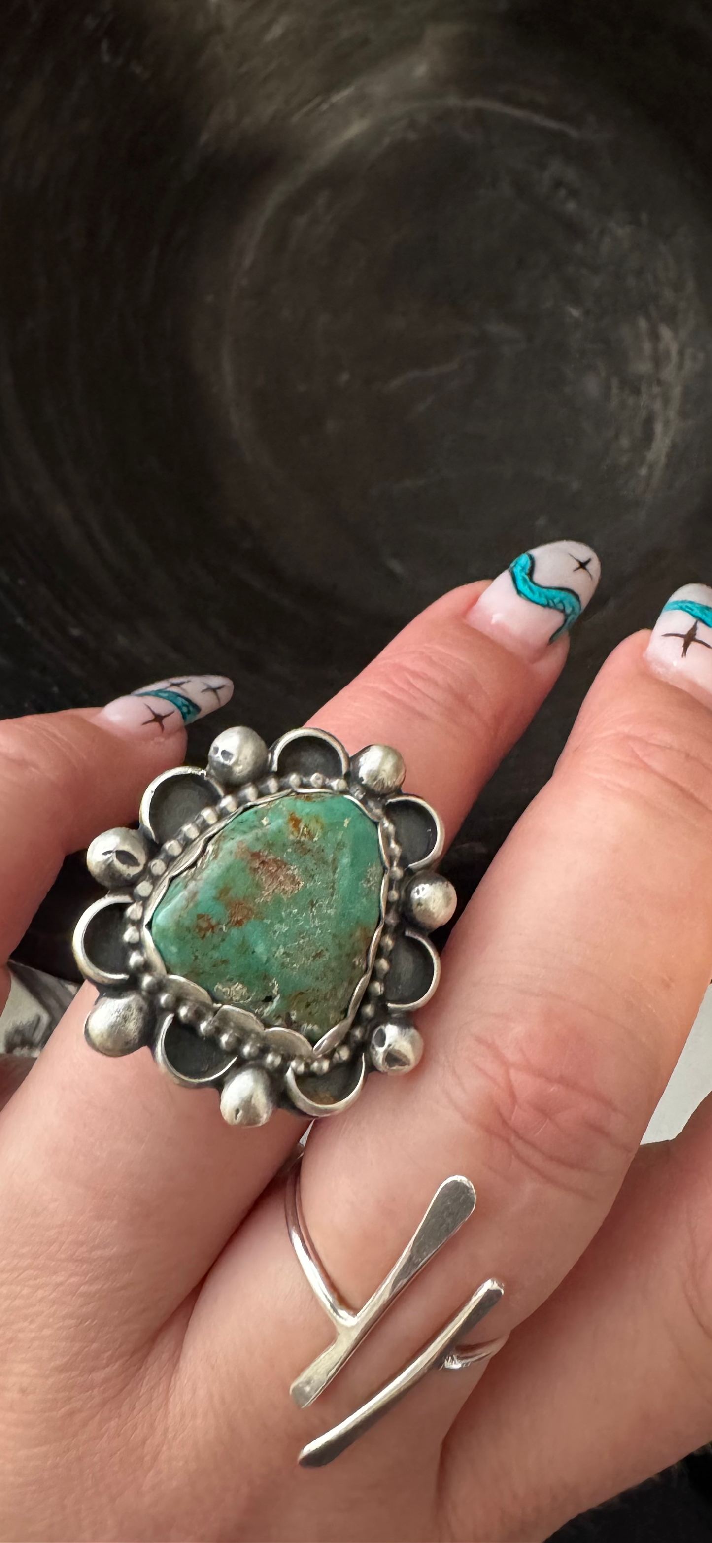 Triangular Ring - Turquoise - Sterling Silver - Native Handmade - ADJ (artist) - Size Adjustable