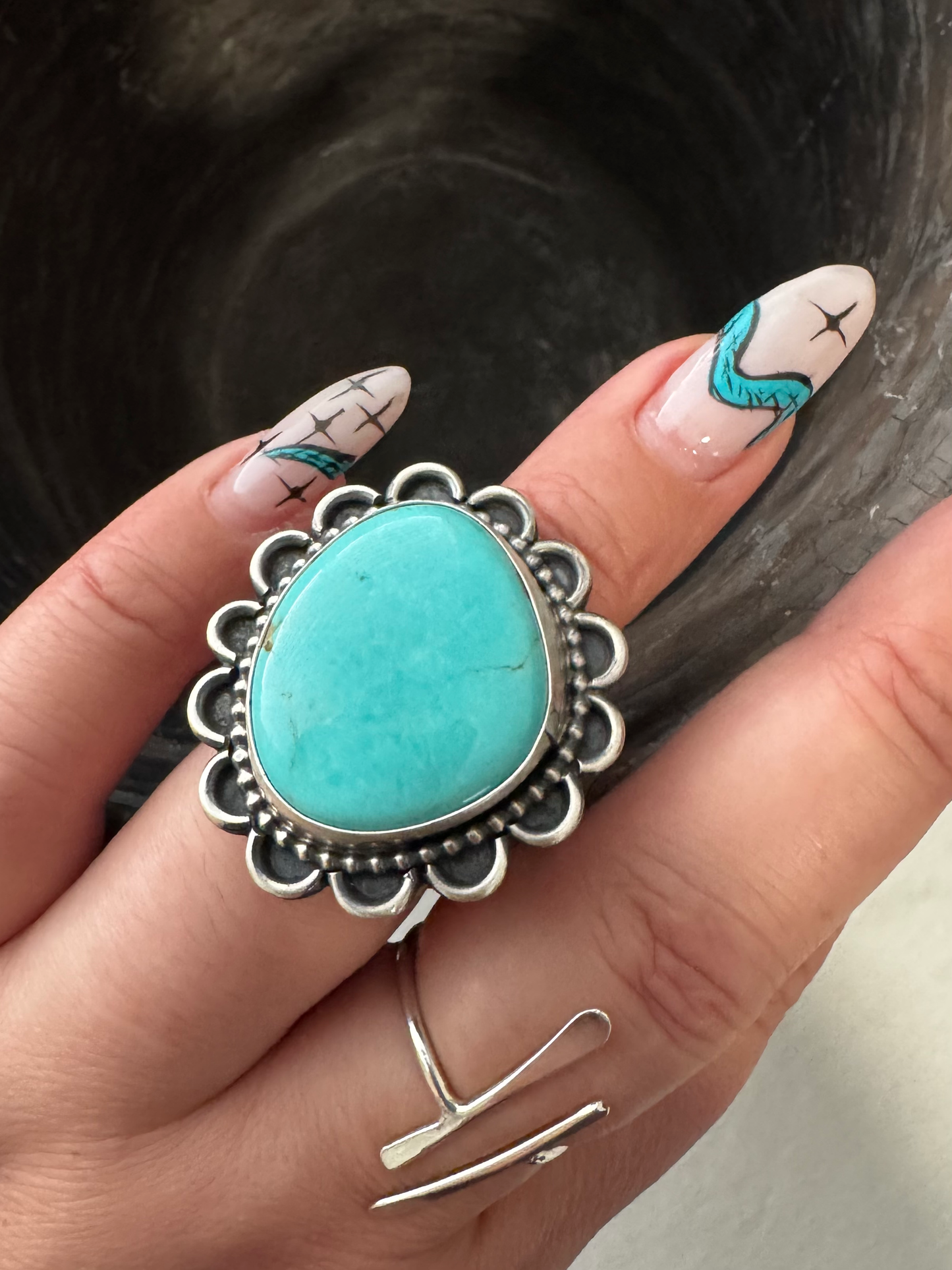 Ring with Ruffles - Turquoise - Sterling Silver - Native Handmade - Jameson Garcia (artist) - Size Adjustable