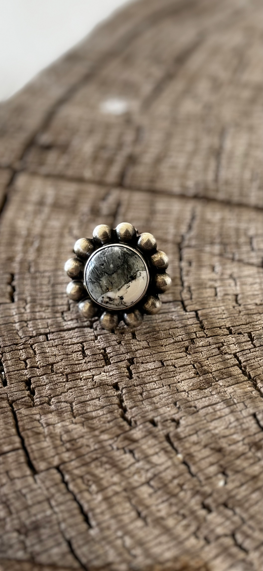 Round Sun Shaped - White Buffalo - Sterling Silver - Navajo Handmade - T (artist) - Size Adjustable