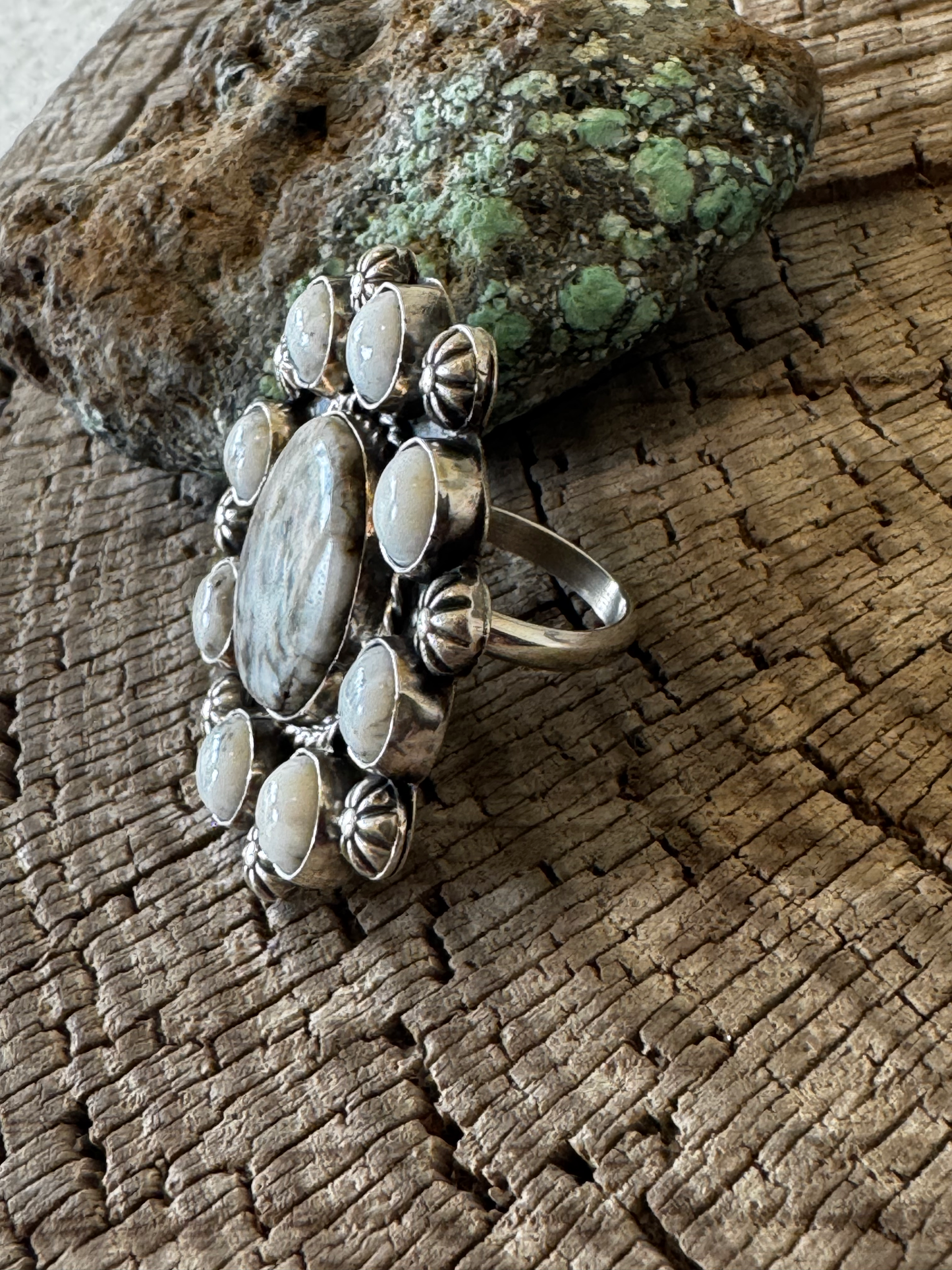 Cluster Ring - White Buffalo - Sterling Silver - Navajo Handmade - LJC (artist) - Size Adjustable