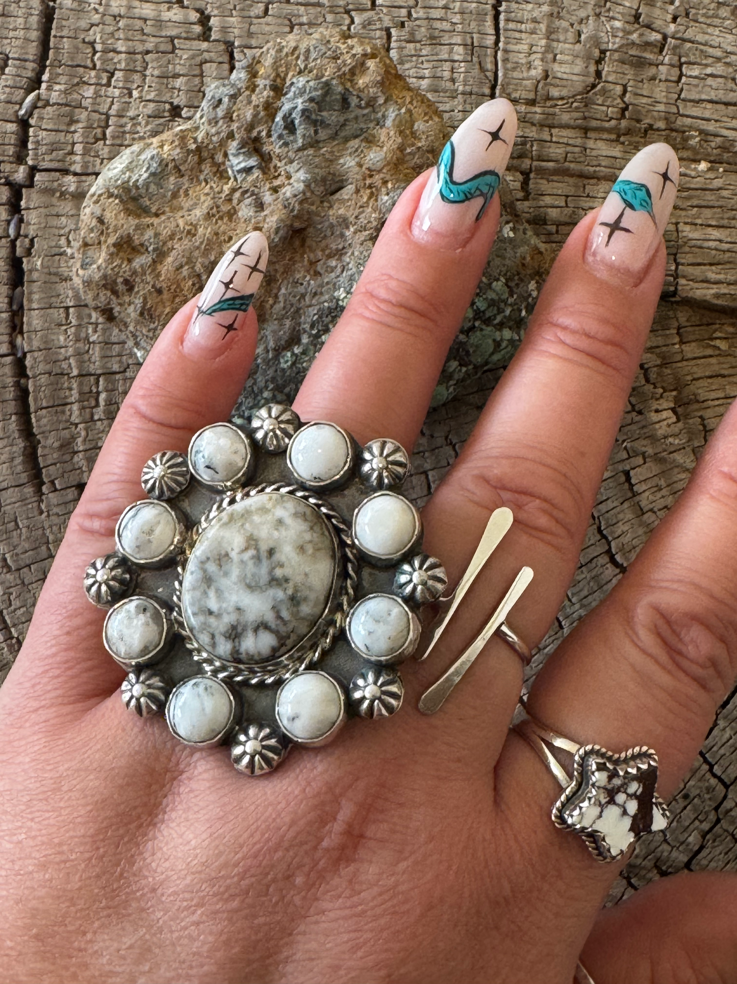 Cluster Ring - White Buffalo - Sterling Silver - Navajo Handmade - LJC (artist) - Size Adjustable