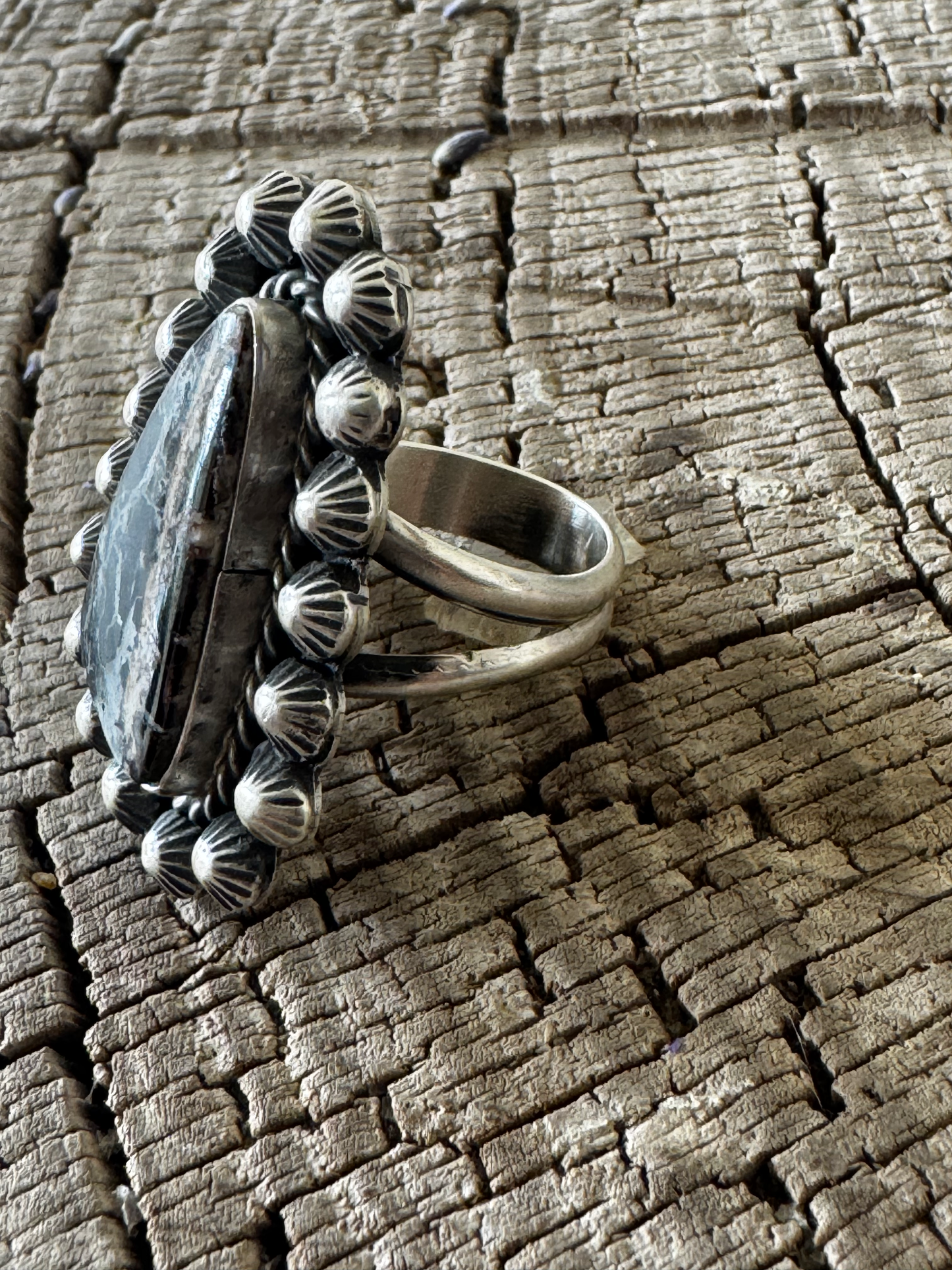 Tear Drop Ring - White Buffalo - Sterling Silver - Native Handmade - Dan Henio (artist) - Size Adjustable