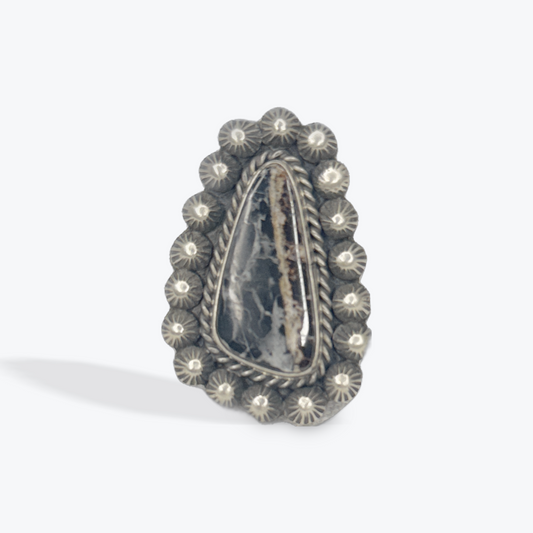 Tear Drop Ring - White Buffalo - Sterling Silver - Native Handmade - Dan Henio (artist) - Size Adjustable