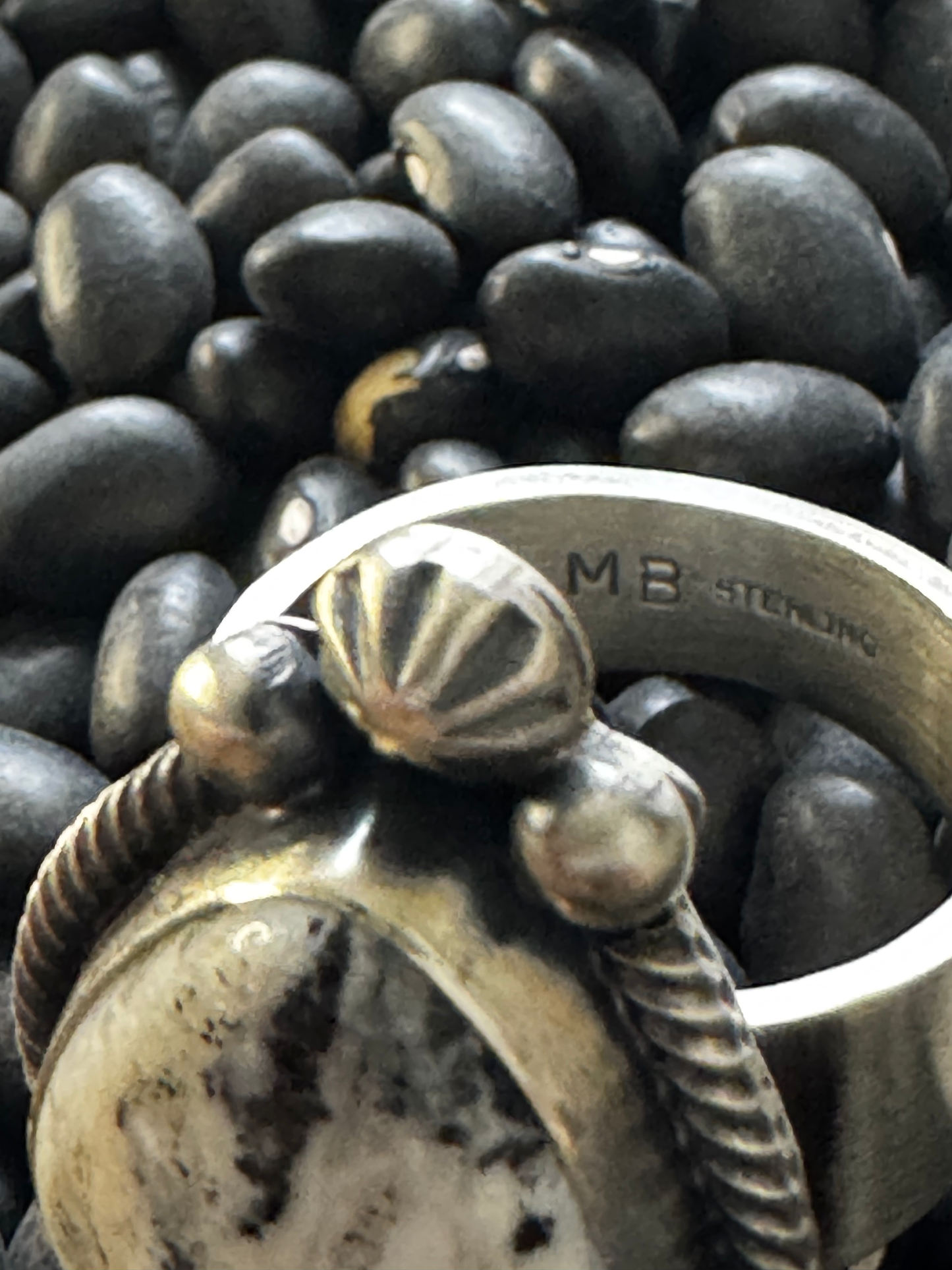 Large Ring - White Buffalo - Sterling Silver - Native Handmade - MB (artist) - Size 9.75