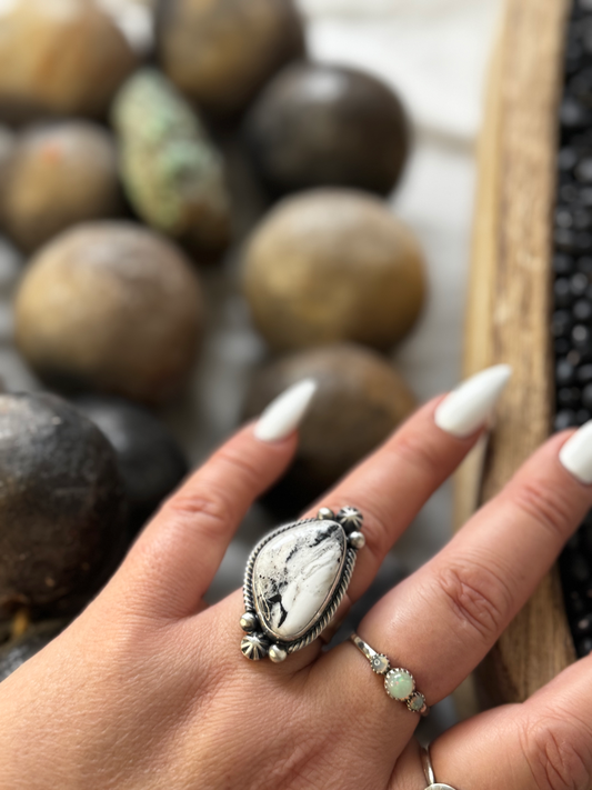 Large Ring - White Buffalo - Sterling Silver - Native Handmade - MB (artist) - Size 9.75