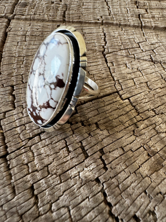 Oval Ring - White Horse - Sterling Silver - Native Handmade - AM (artist) - Size 9.75