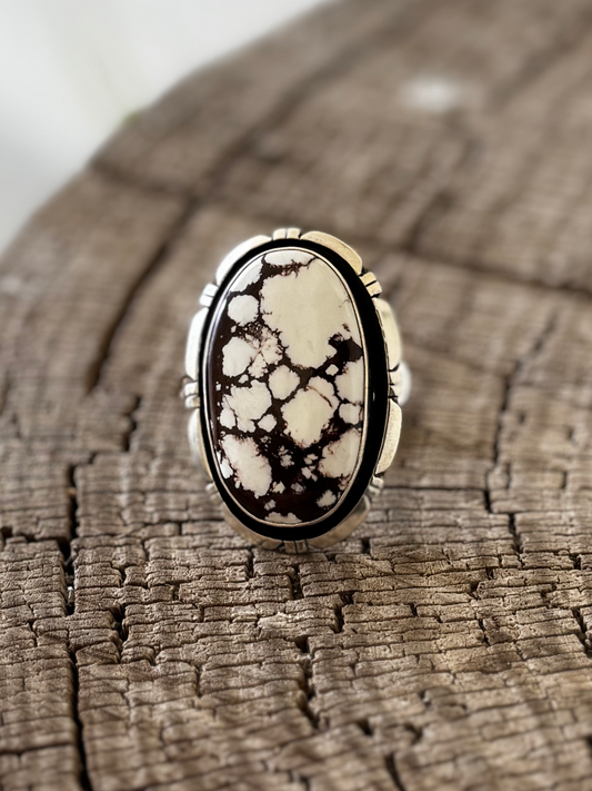 Oval Ring - White Horse - Sterling Silver - Native Handmade - AM (artist) - Size 9.75