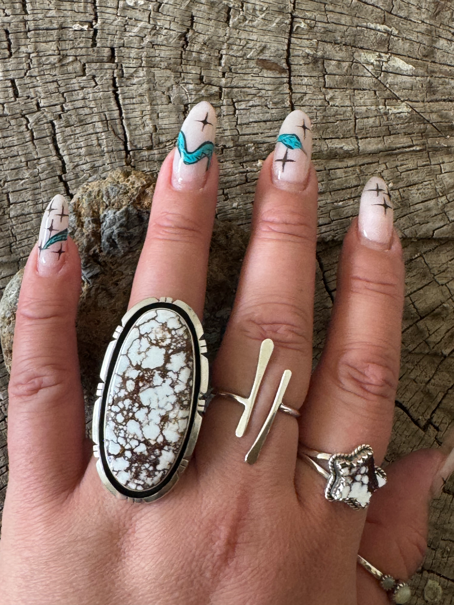 Oval Ring - White Horse - Sterling Silver - Native Handmade - M (artist) - Size 10