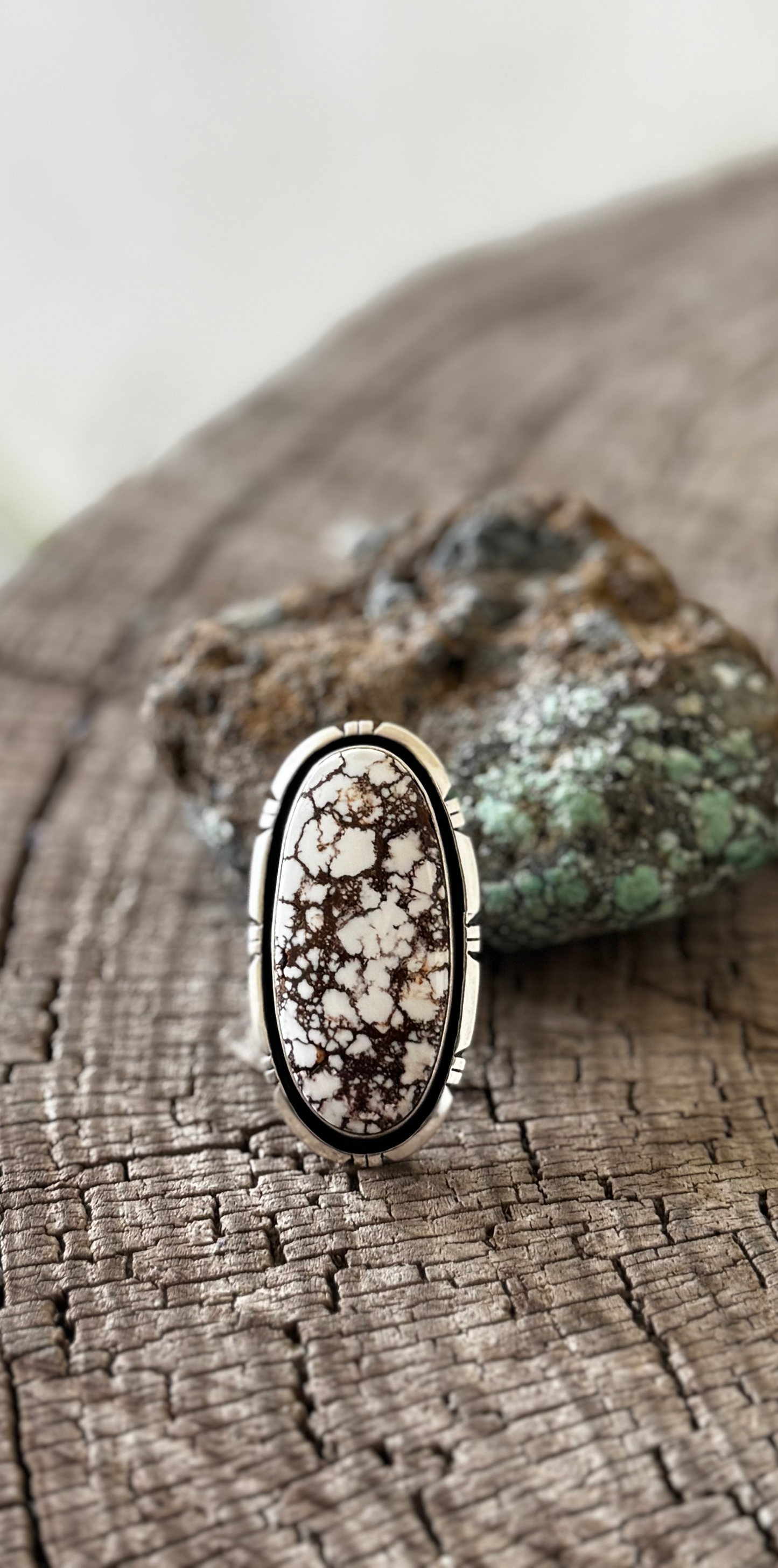 Oval Ring - White Horse - Sterling Silver - Native Handmade - M (artist) - Size 10