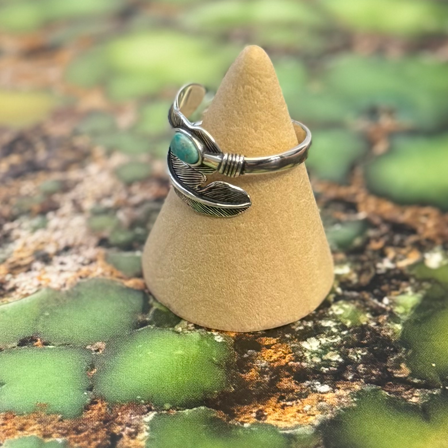 Large Feather Ring with Turquoise - Sterling Silver