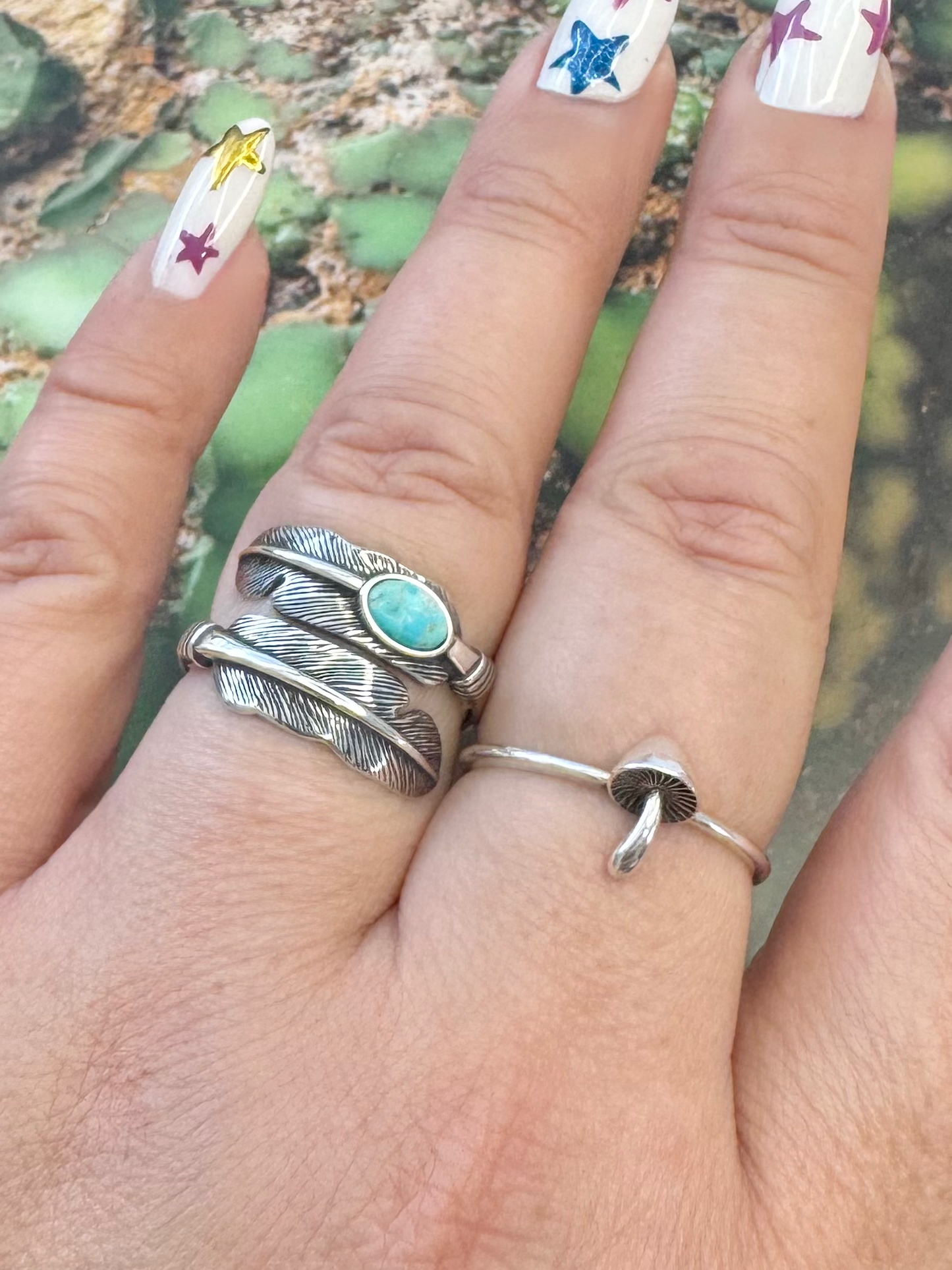 Large Feather Ring with Turquoise - Sterling Silver