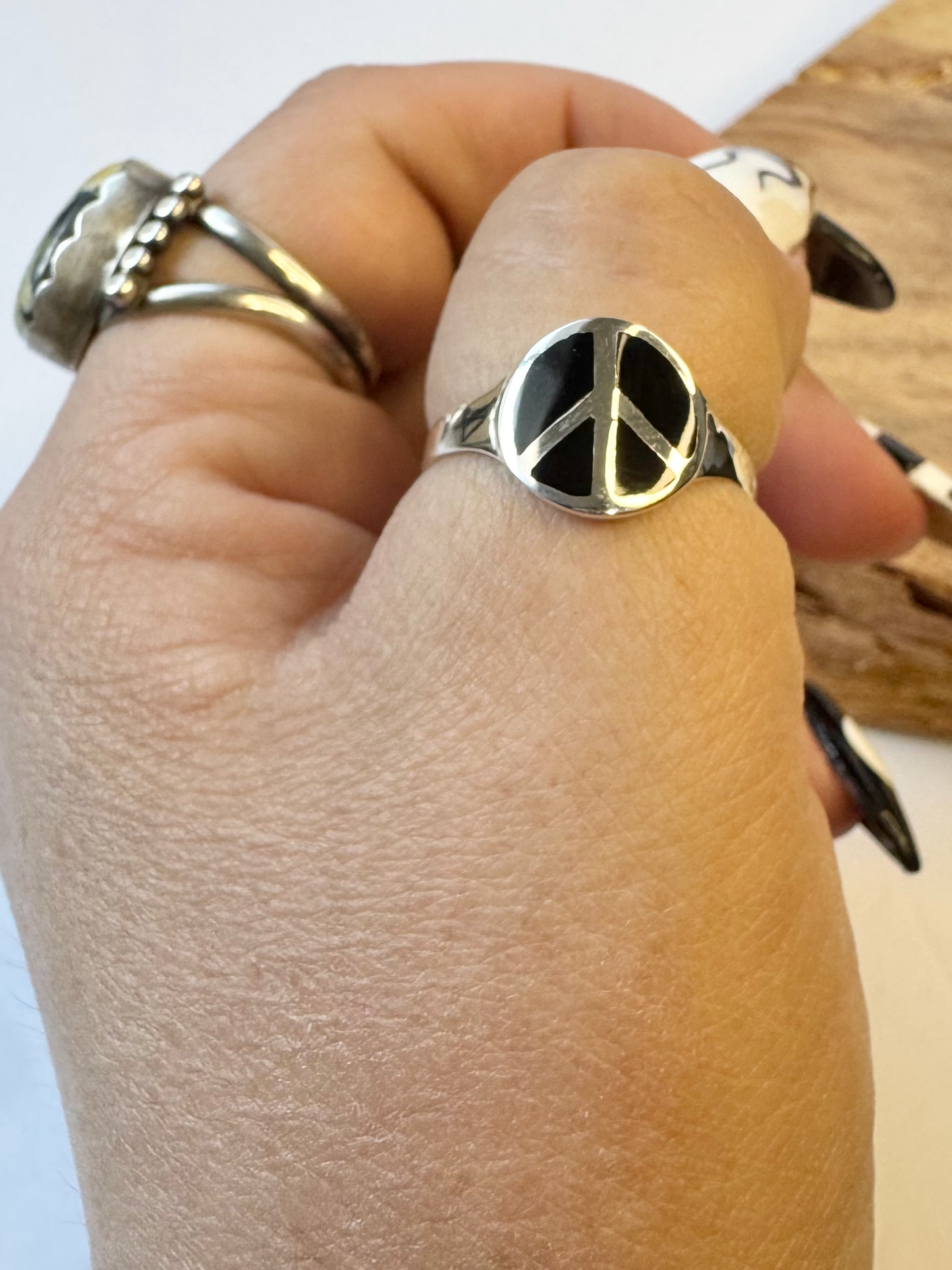Black Enamel Peace Sign Ring - Sterling Silver