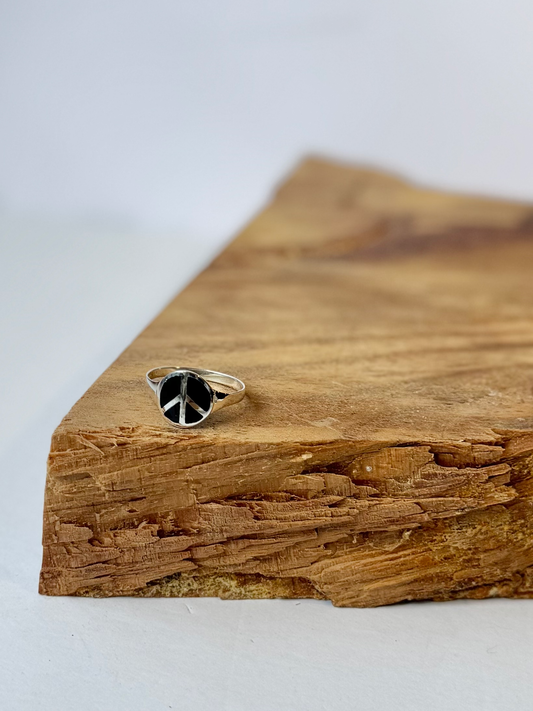 Black Enamel Peace Sign Ring - Sterling Silver