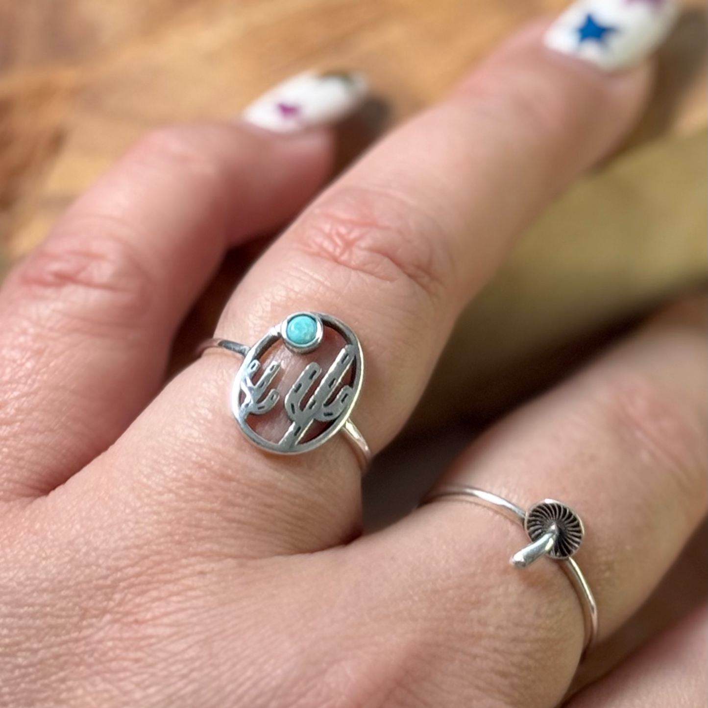 Cactus Turquoise Ring - Sterling Silver - Size 8
