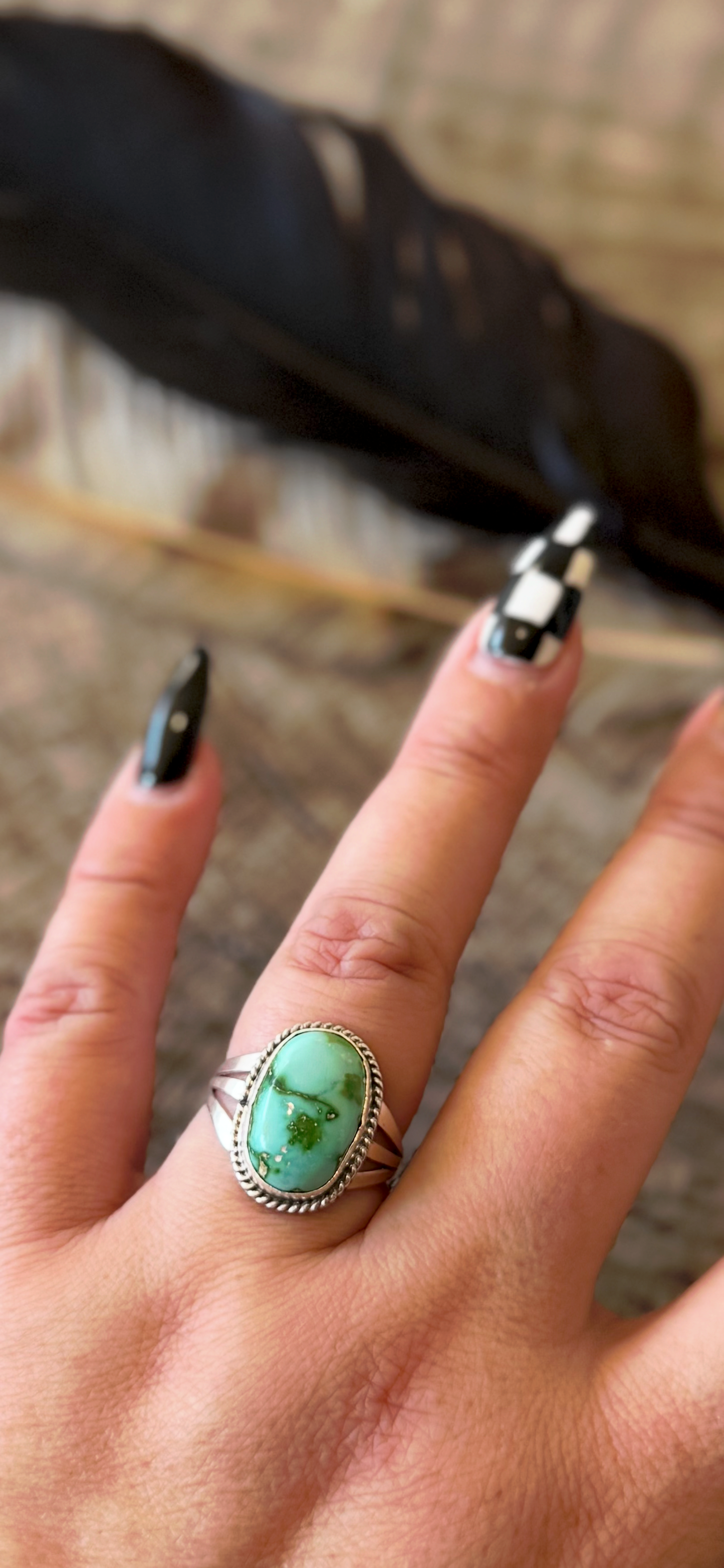Oval Ring - Sonoran Gold Turquoise - Sterling Silver - Native Handmade - Judy Largo (artist) - Size 10