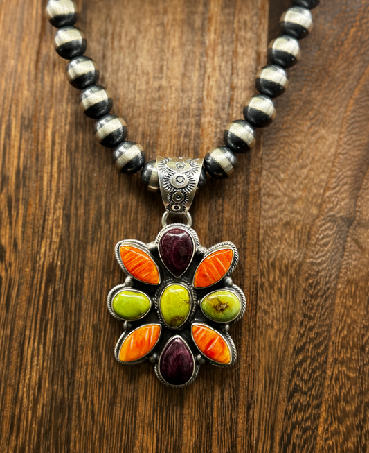 Multi Stone Pendant - Spiny Oyster (Orange, Purple) and Turquoise - Sterling Silver - Native Handmade - Bob Becenti (artist)