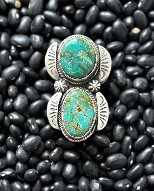 Two Stone Ring - King Manassa Turquoise - Sterling Silver - Native Handmade - Tom Loy (artist) - Size 8.5