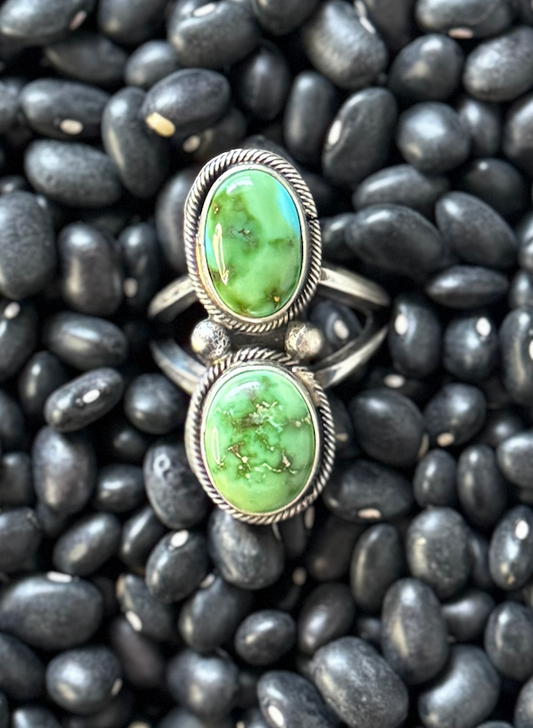 Double Stone Ring - Sonoran Gold Turquoise - Sterling Silver - Native Handmade - L Ramon (artist) - Size 8.75