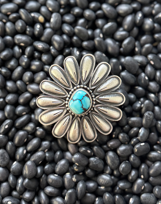 Daisy Shaped Ring - Golden Hills Turquoise - Sterling Silver - Native Handmade - Benally (artist) - Size 10
