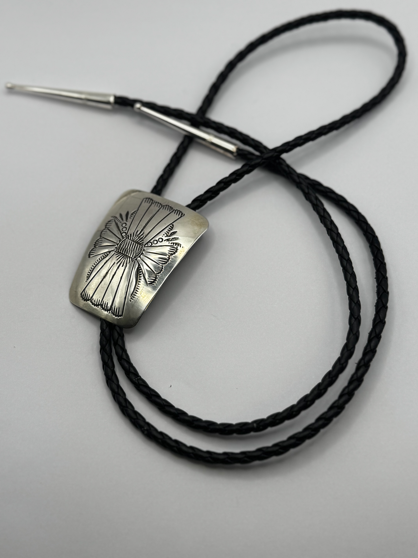 Bolo Tie Southwest Design - Sterling Silver - Leather - Native Handmade - Joann Silver (artist)